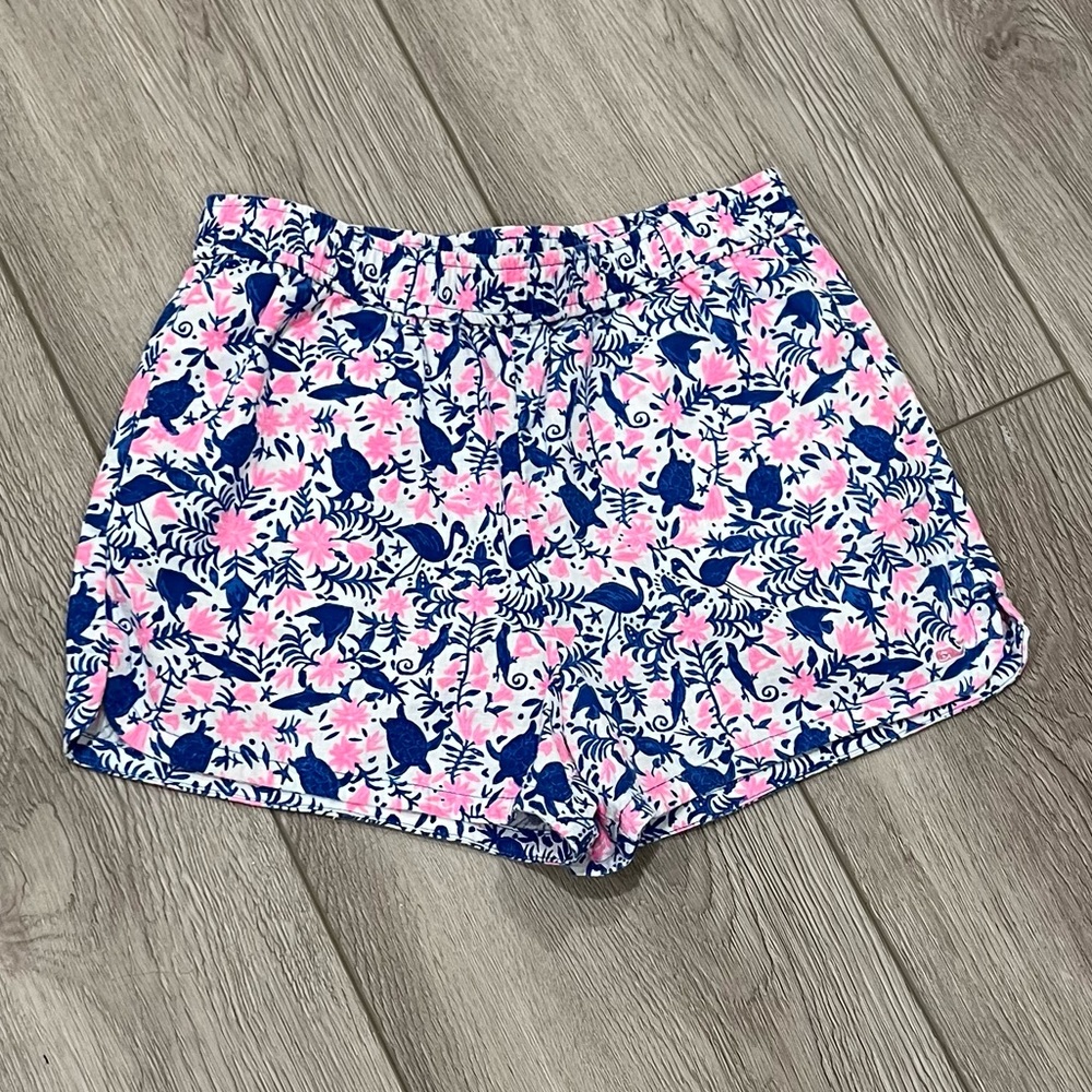 Vineyard Vines Girls Linen & Cotton Pink Blue Flamingo Turtle Shorts Sz M